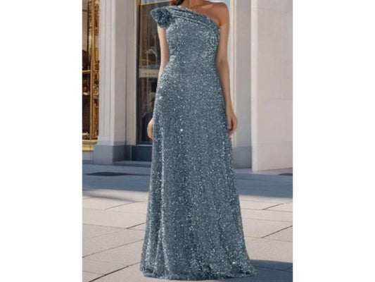 Maxi Ασημί Φόρεμα One Shoulder με Παγιέτες