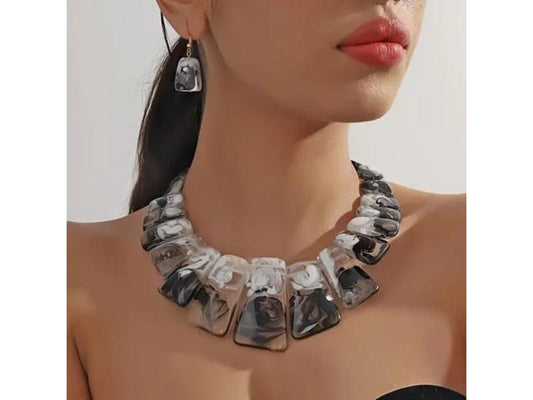 Κολιέ & Σκουλαρίκια Black White Marble