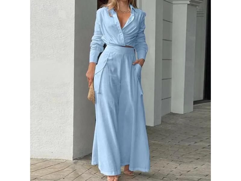 Σετ Πουκάμισο Με Κρουαζέ Δέσιμο Και Παντελόνα Wide Leg