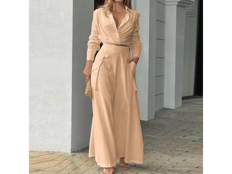 Σετ Πουκάμισο Με Κρουαζέ Δέσιμο Και Παντελόνα Wide Leg Beige