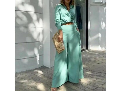 Σετ Πουκάμισο Με Κρουαζέ Δέσιμο Και Παντελόνα Wide Leg