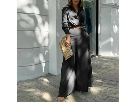 Σετ Πουκάμισο Με Κρουαζέ Δέσιμο Και Παντελόνα Wide Leg Black