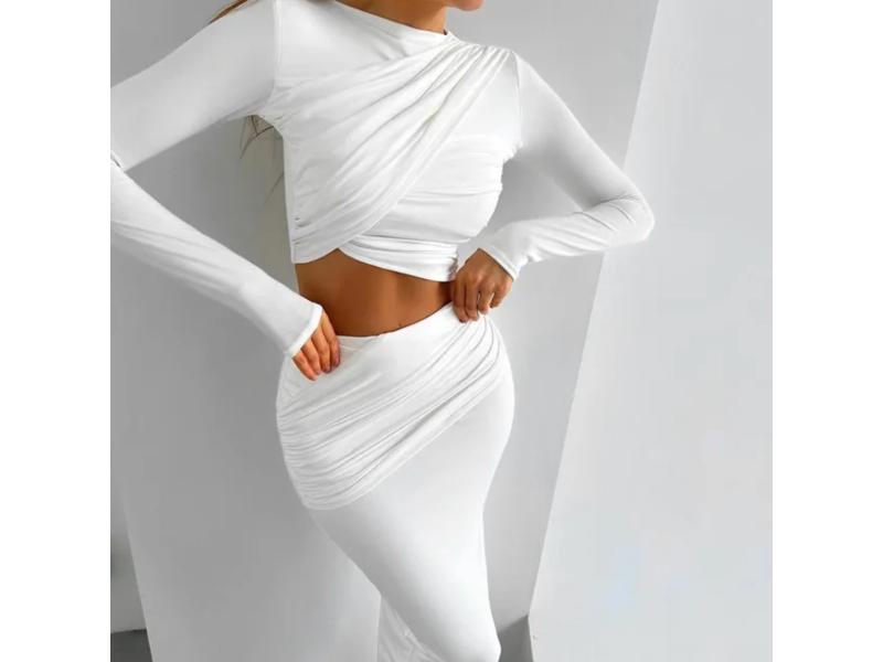 Σετ Crop Top Με Draped Σχέδιο Και Midi Φούστα White