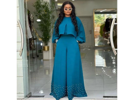 Σετ Crop Top Με Wide Leg Παντελόνα Και Στρας Teal