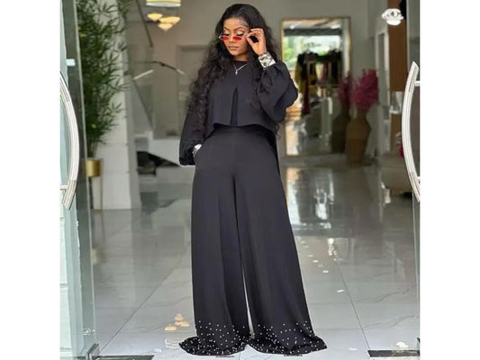 Σετ Crop Top Με Wide Leg Παντελόνα Και Στρας Black