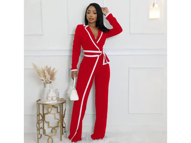 Σετ Blazer Με Ζώνη Και Wide Leg Παντελόνα Red