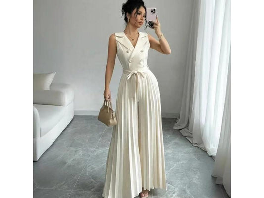 Ολόσωμη Πλισέ Φόρμα Με Κουμπιά Και Ζώνη Beige