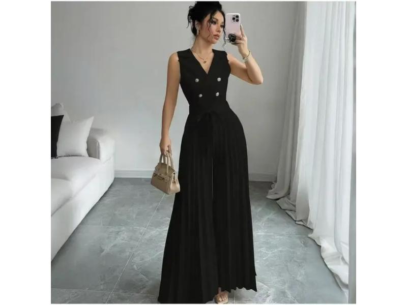 Ολόσωμη Πλισέ Φόρμα Με Κουμπιά Και Ζώνη Black