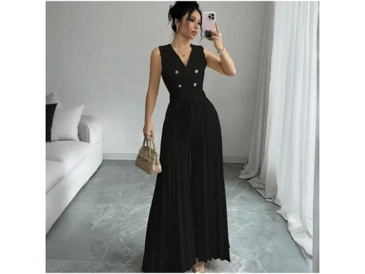 Ολόσωμη Πλισέ Φόρμα Με Κουμπιά Και Ζώνη Black