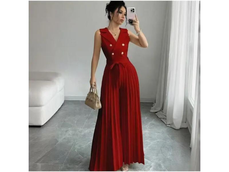 Ολόσωμη Πλισέ Φόρμα Με Κουμπιά Και Ζώνη Red