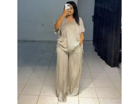Ριγέ Loose Σετ Με Wide Leg Παντελόνα Beige