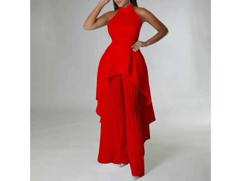 Ασύμμετρη Πλισέ Ολόσωμη Φόρμα Με Layered Σχέδιο Red