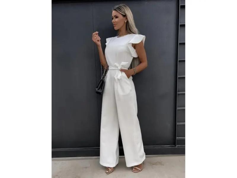 Ολόσωμη Φόρμα Με Βολάν Μανίκι Και Ζώνη White