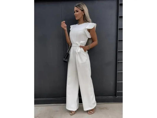 Ολόσωμη Φόρμα Με Βολάν Μανίκι Και Ζώνη White