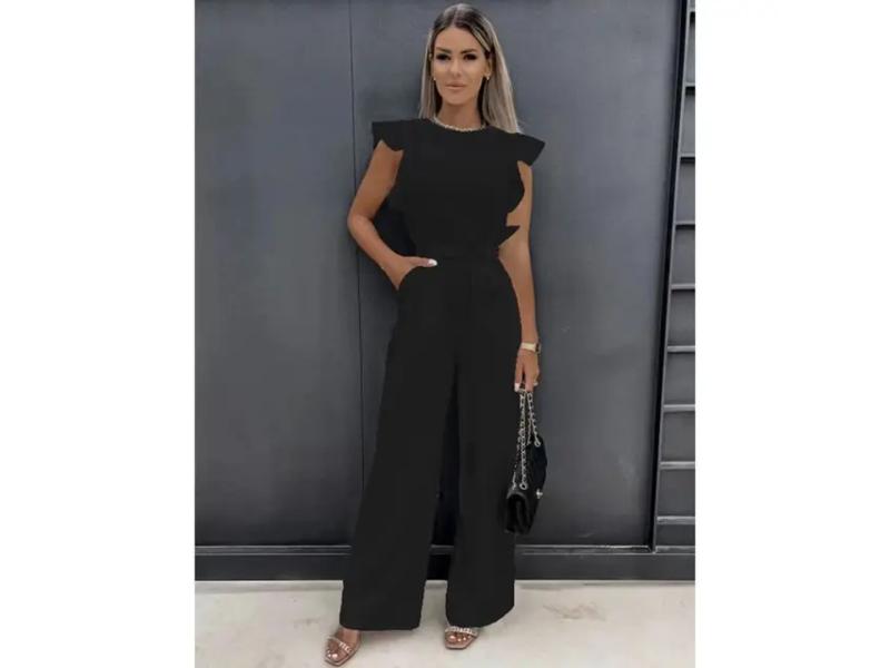 Ολόσωμη Φόρμα Με Βολάν Μανίκι Και Ζώνη Black