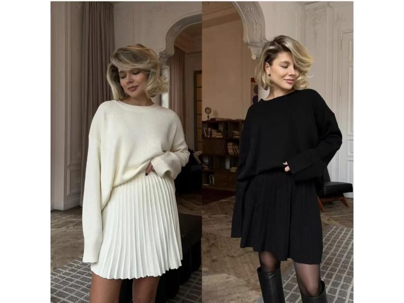 Σετ Πλεκτό Τοπ Και Πλισέ Φούστα White