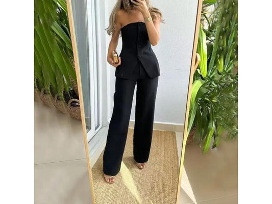 Στράπλες Tailored Σετ Με Γιλέκο Και Παντελόνα Black