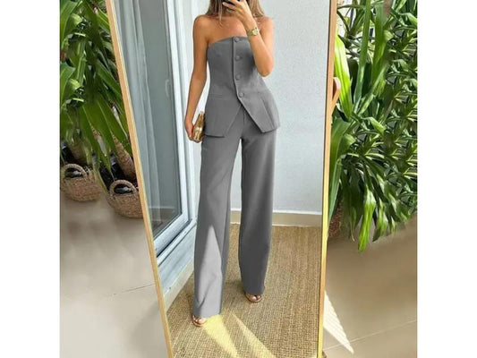 Στράπλες Tailored Σετ Με Γιλέκο Και Παντελόνα Grey