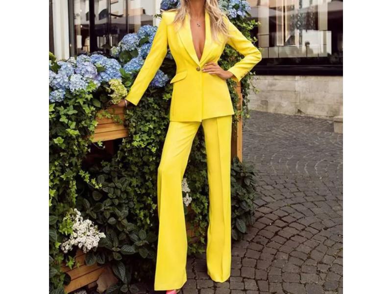 Σετ Δυναμικό Σακάκι Και Παντελόνα Κίτρινο