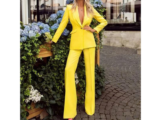 Σετ Δυναμικό Σακάκι Και Παντελόνα Κίτρινο