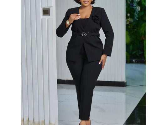 Σετ Κομψό Σακάκι Με Ζώνη Και Παντελόνα Μαύρο