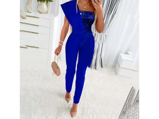 Ολόσωμη Φόρμα One Shoulder Με Παγιέτα Μπλε Ρουά