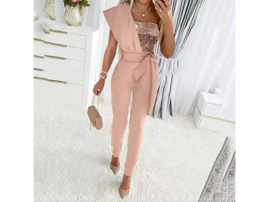 Ολόσωμη Φόρμα One Shoulder Με Παγιέτα Nude