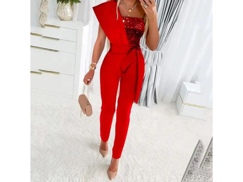 Ολόσωμη Φόρμα One Shoulder Με Παγιέτα Κόκκινο