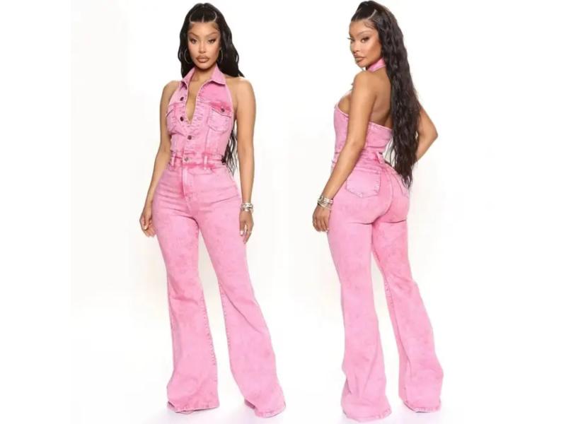 Ολόσωμη Τζιν Φόρμα Αμάνικη Με Καμπάνα Pink