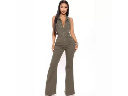 Ολόσωμη Τζιν Φόρμα Αμάνικη Με Καμπάνα Olive