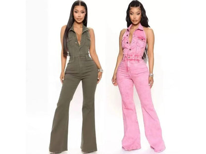 Ολόσωμη Τζιν Φόρμα Αμάνικη Με Καμπάνα Olive