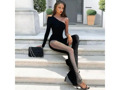 Ολόσωμη Φόρμα One Shoulder Με Διάφανη Λεπτομέρεια Black