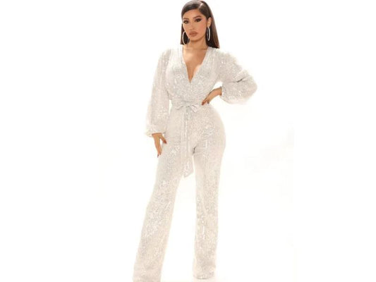 Ολόσωμη Φόρμα Glam Με Παγιέτες Και Ζώνη White
