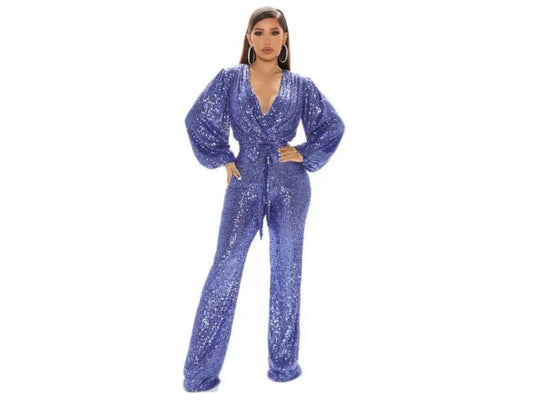 Ολόσωμη Φόρμα Glam Με Παγιέτες Και Ζώνη Blue