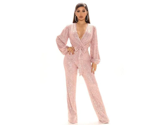 Ολόσωμη Φόρμα Glam Με Παγιέτες Και Ζώνη Pink