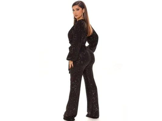 Ολόσωμη Φόρμα Glam Με Παγιέτες Και Ζώνη Black