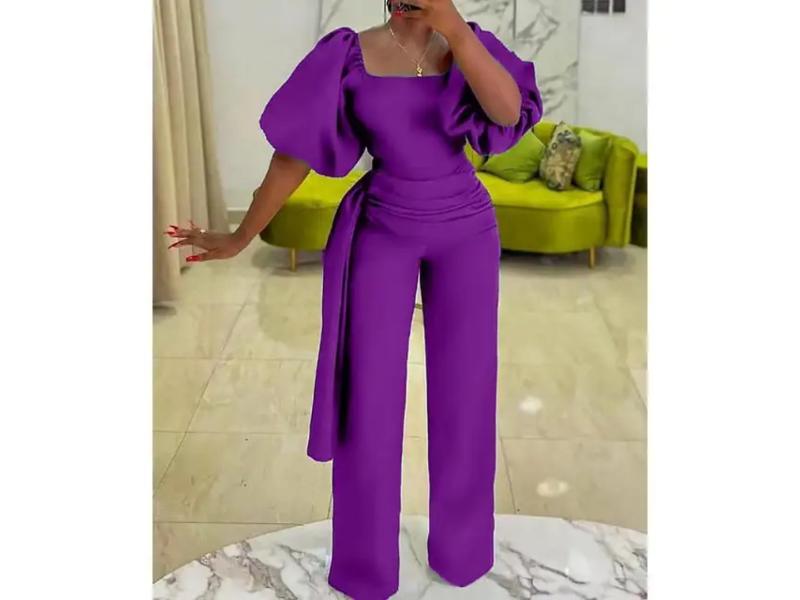 Ολόσωμη Φόρμα Με Puff Μανίκια Και Ζώνη Purple