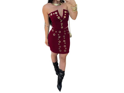 Mini Φόρεμα Strapless Με Τρουκ Burgundy