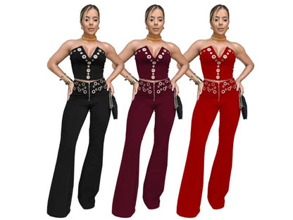 Σετ Crop Top Και Παντελόνα Με Τρουκ Red