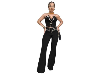 Σετ Crop Top Και Παντελόνα Με Τρουκ Black