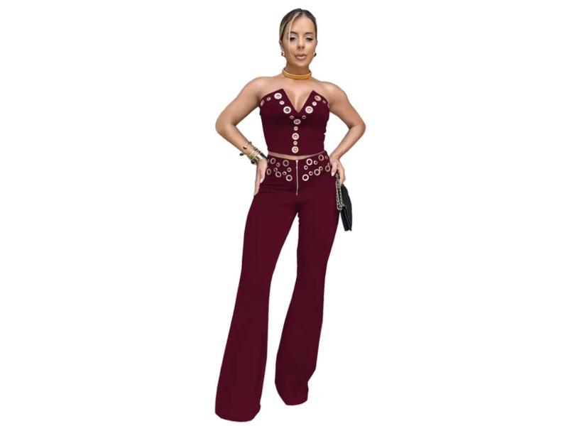 Σετ Crop Top Και Παντελόνα Με Τρουκ Burgundy