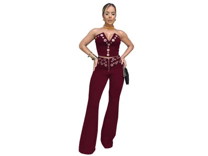 Σετ Crop Top Και Παντελόνα Με Τρουκ Burgundy