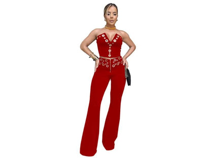 Σετ Crop Top Και Παντελόνα Με Τρουκ Red