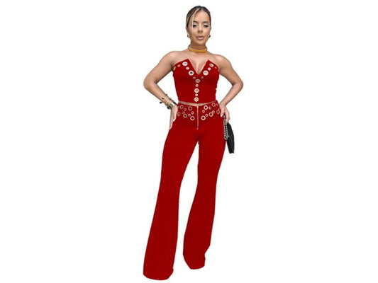 Σετ Crop Top Και Παντελόνα Με Τρουκ Red