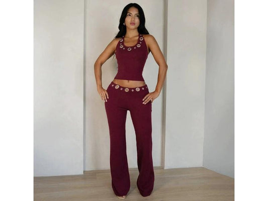 Σετ Top Αμάνικο Και Παντελόνα Με Τρουκ Burgundy