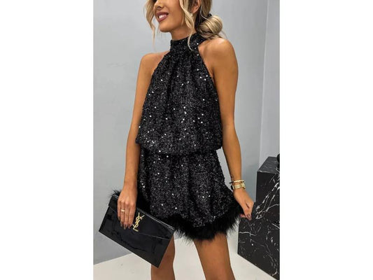 Mini Φόρεμα Halter Με Παγιέτες Black