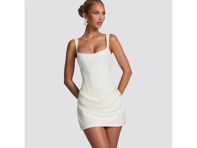 Mini Φόρεμα Με Corset Και Draped Φούστα White