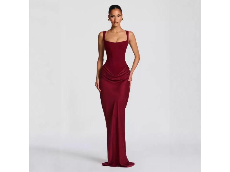 Maxi Φόρεμα Με Corset Και Draped Λεπτομέρεια Burgundy