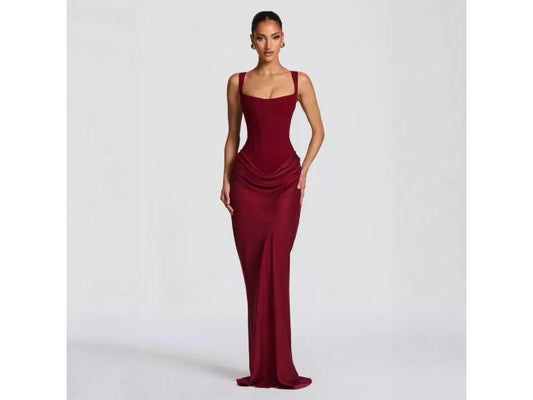 Maxi Φόρεμα Με Corset Και Draped Λεπτομέρεια Burgundy