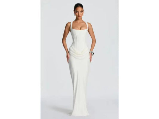 Maxi Φόρεμα Με Corset Και Draped Λεπτομέρεια White